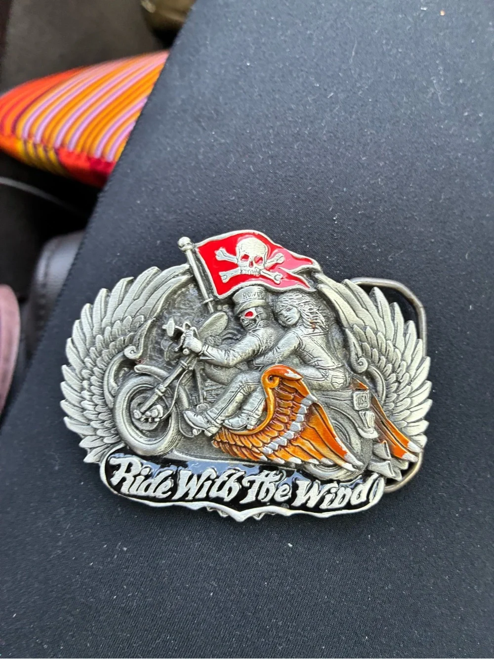 Ride With The Wind Winged Motorcycle Belt Buckle - Silver & Red